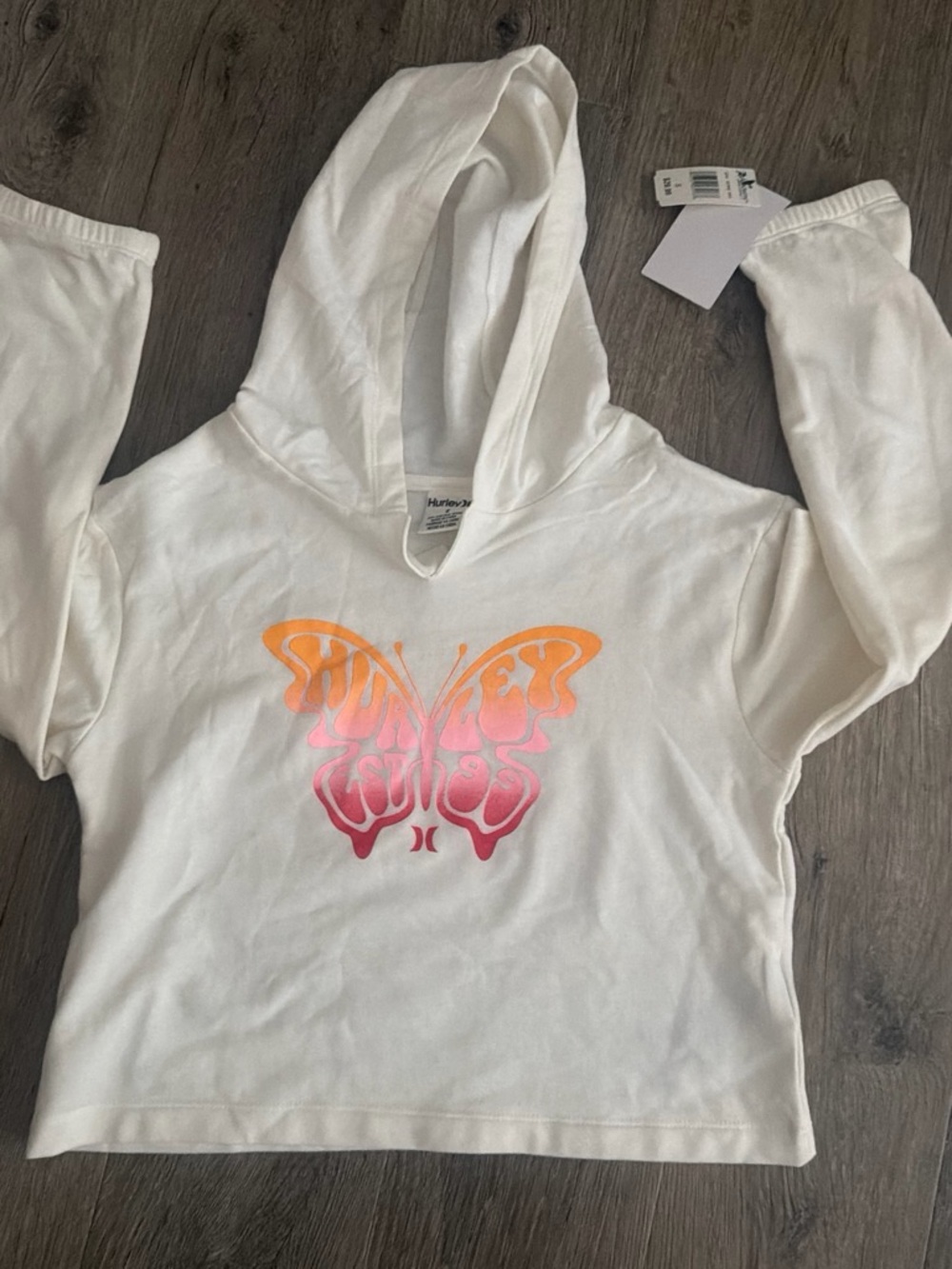 Hurley White Hoodie with Orange and Pink Gradient Butterfly